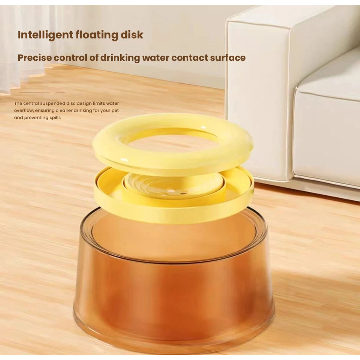 Exploded view of the orange pet water bowl and floating disc
