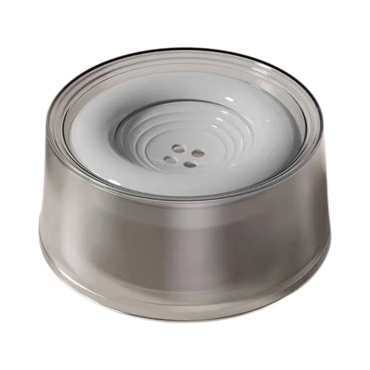 Grey floating pet water bowl, front three-quarter view