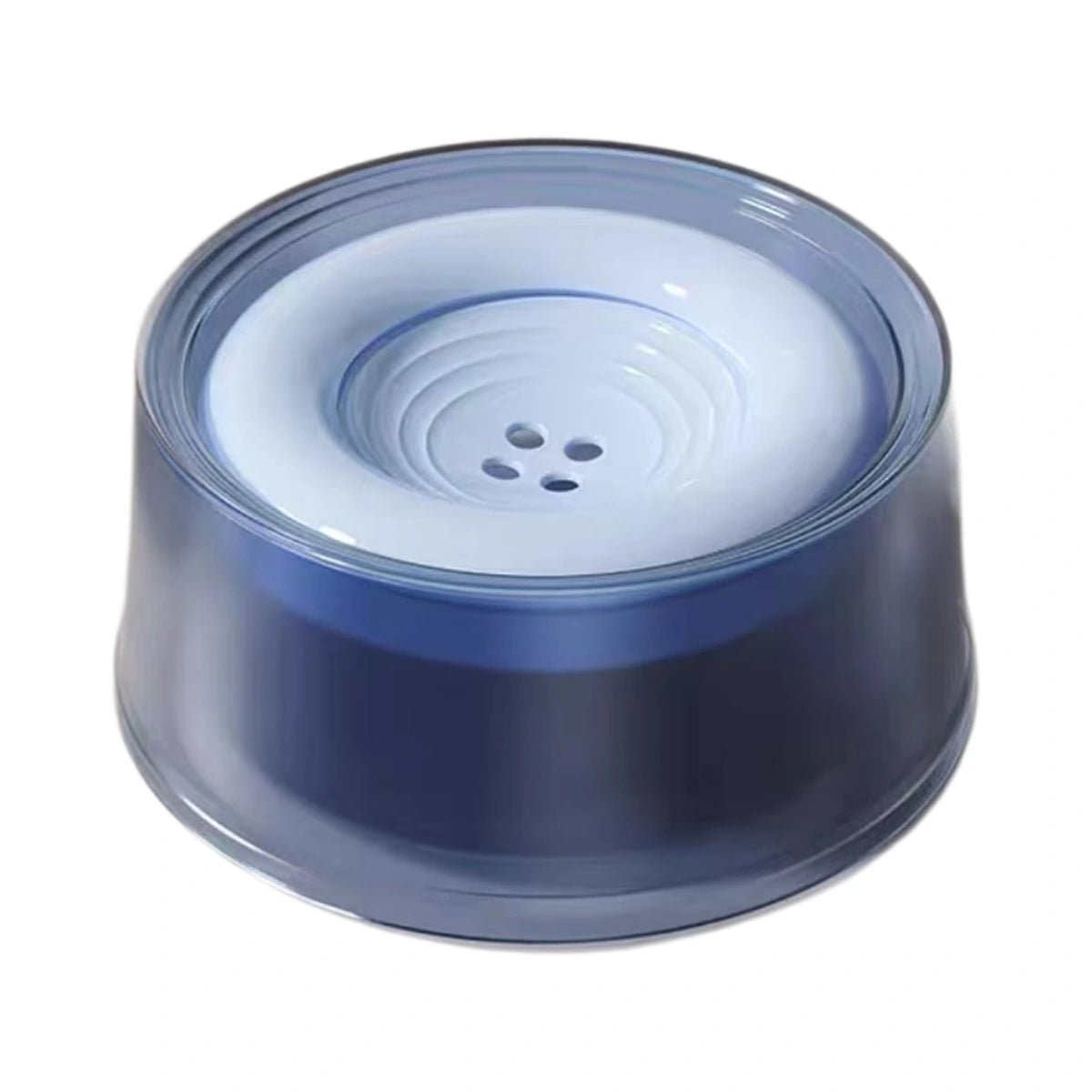 Blue floating pet water bowl, front three-quarter view