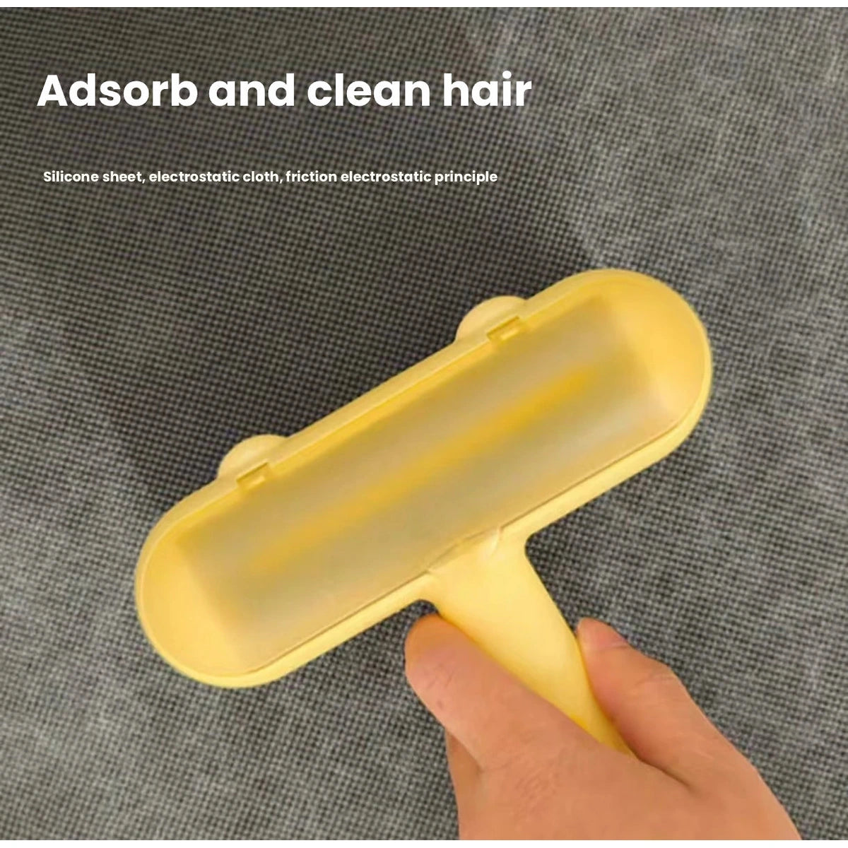 Yellow pet hair remover brush being used on fabric