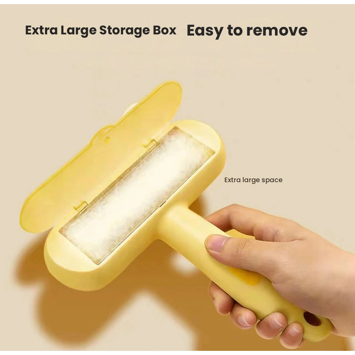 Open collection chamber on the yellow pet hair remover brush