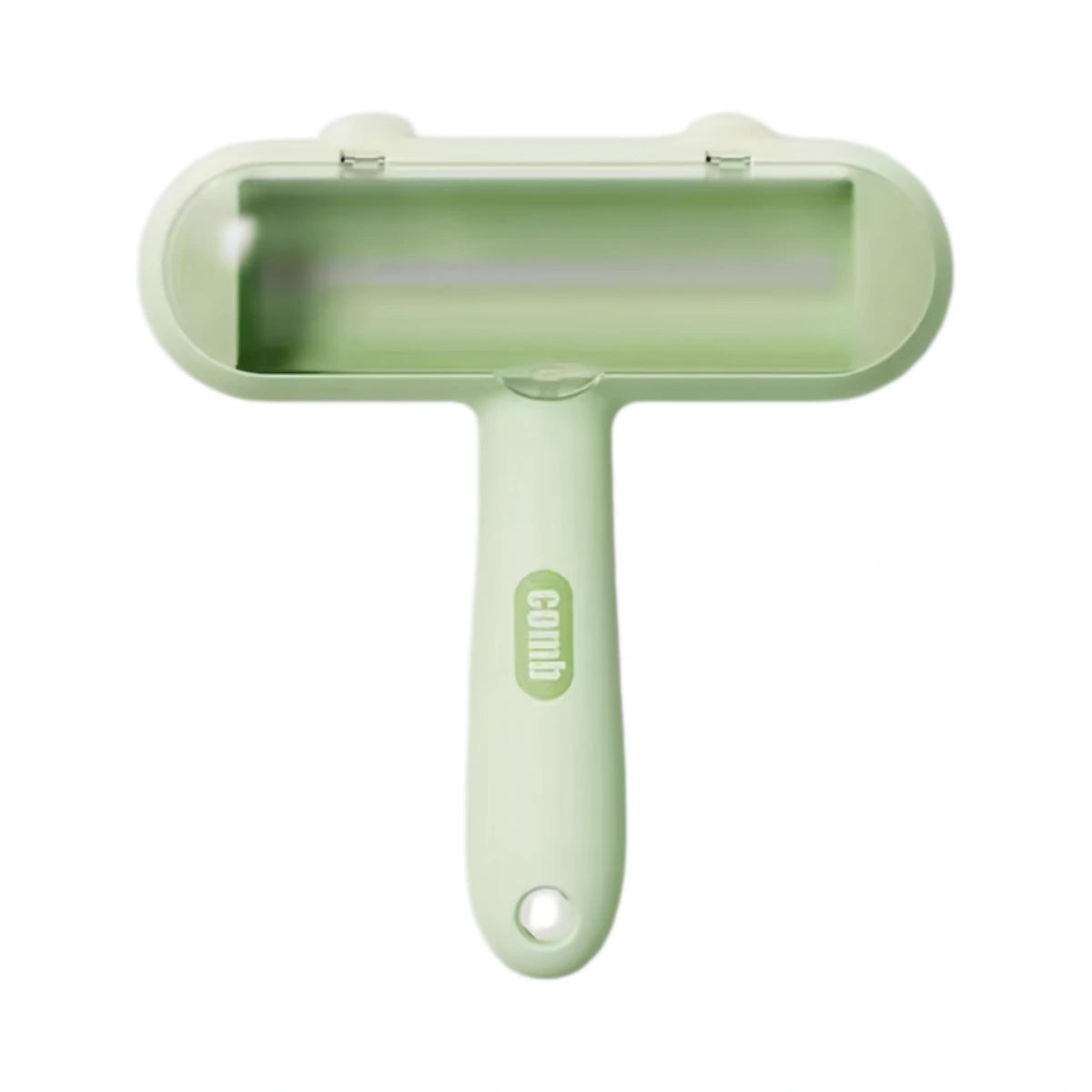 Green reusable pet hair remover brush on a plain background