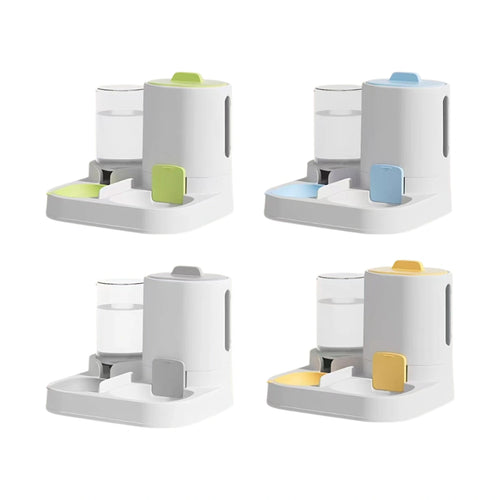Gravity pet feeder and water bowl set shown in Grey, Blue, Green and Yellow