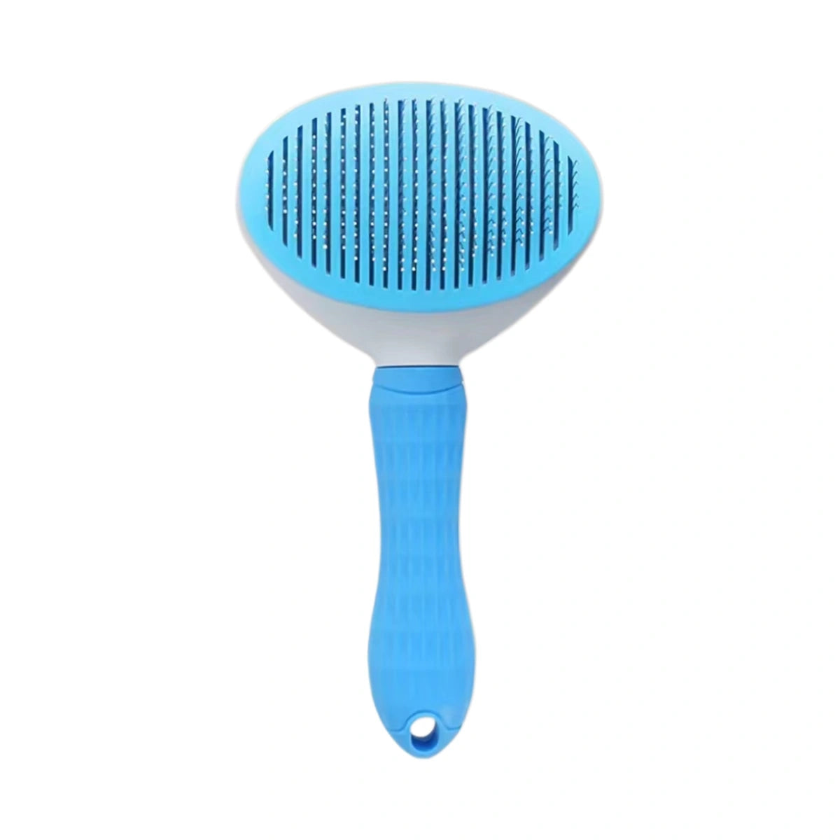 Blue oval-head self-cleaning pet grooming brush