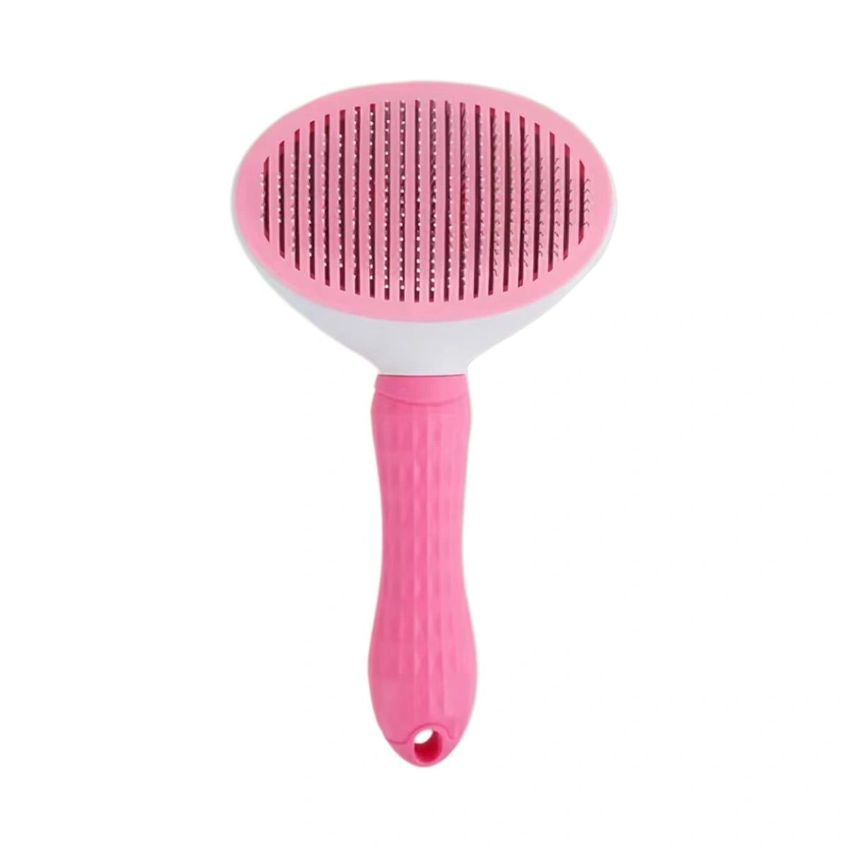 Pink oval-head self-cleaning pet grooming brush