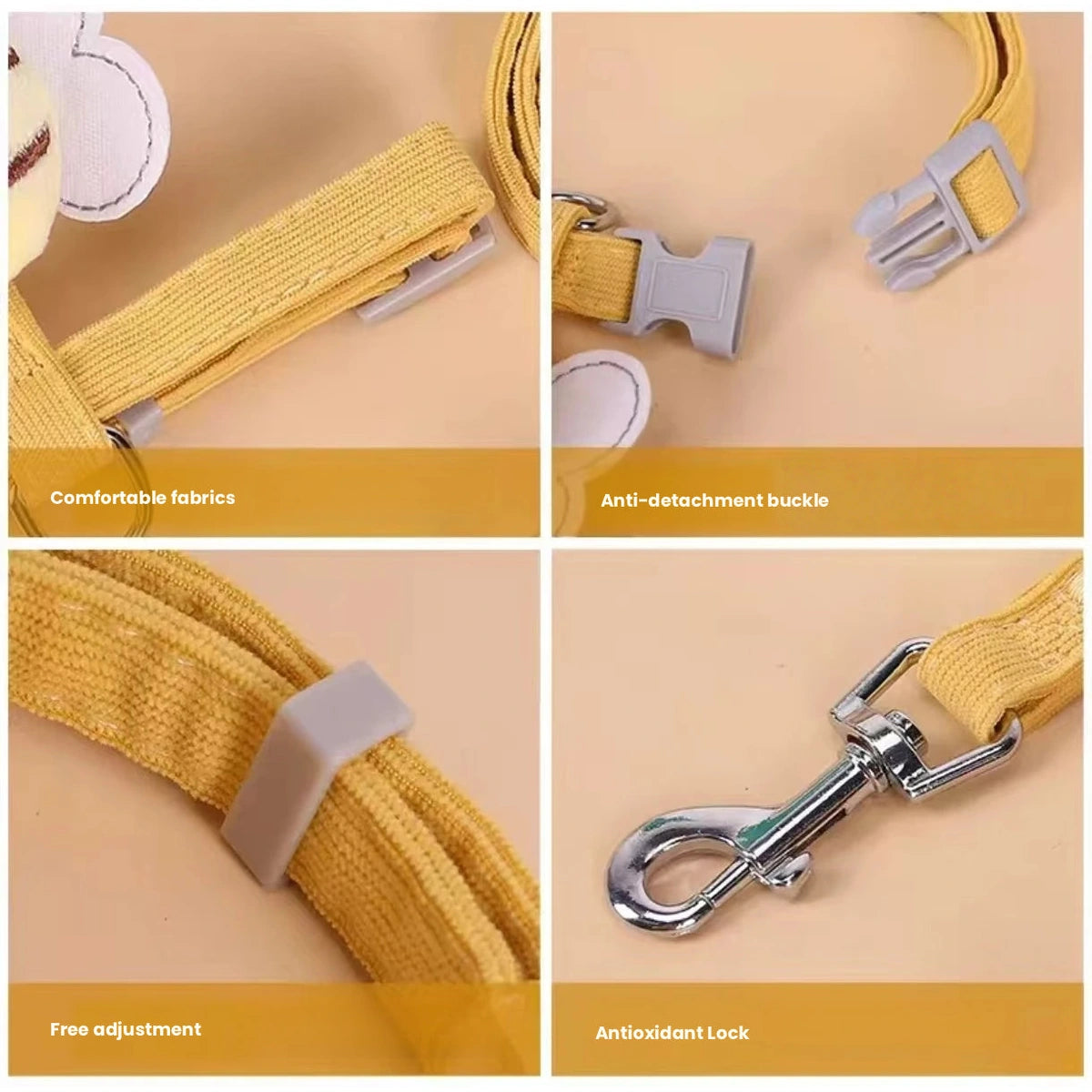 Detail collage of the yellow harness buckles, adjustable straps and leash clip