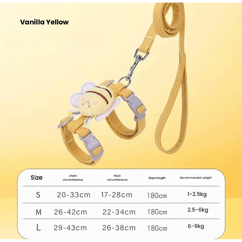 Yellow bee harness size chart showing S, M and L neck and chest measurements
