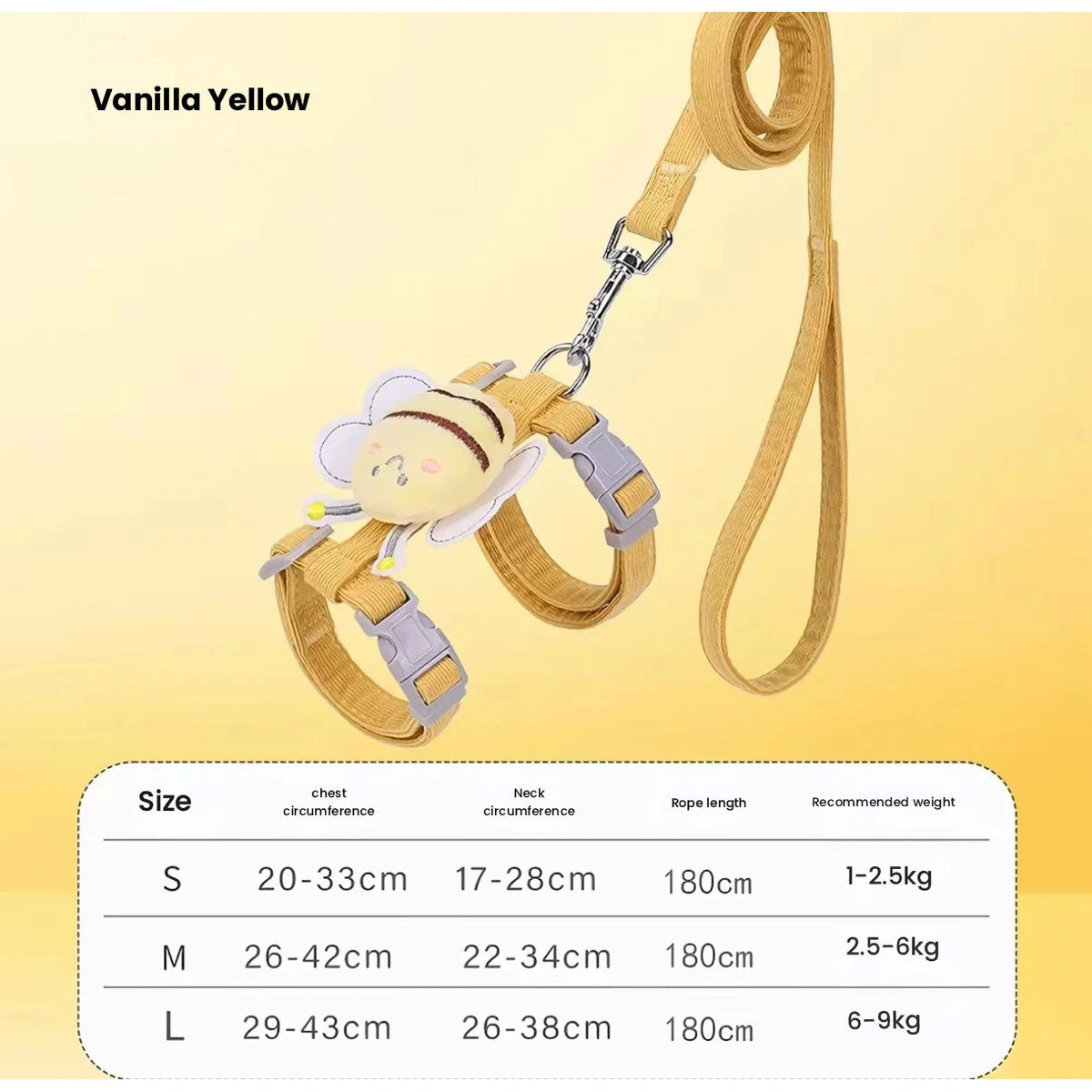 Yellow bee harness size chart showing S, M and L neck and chest measurements