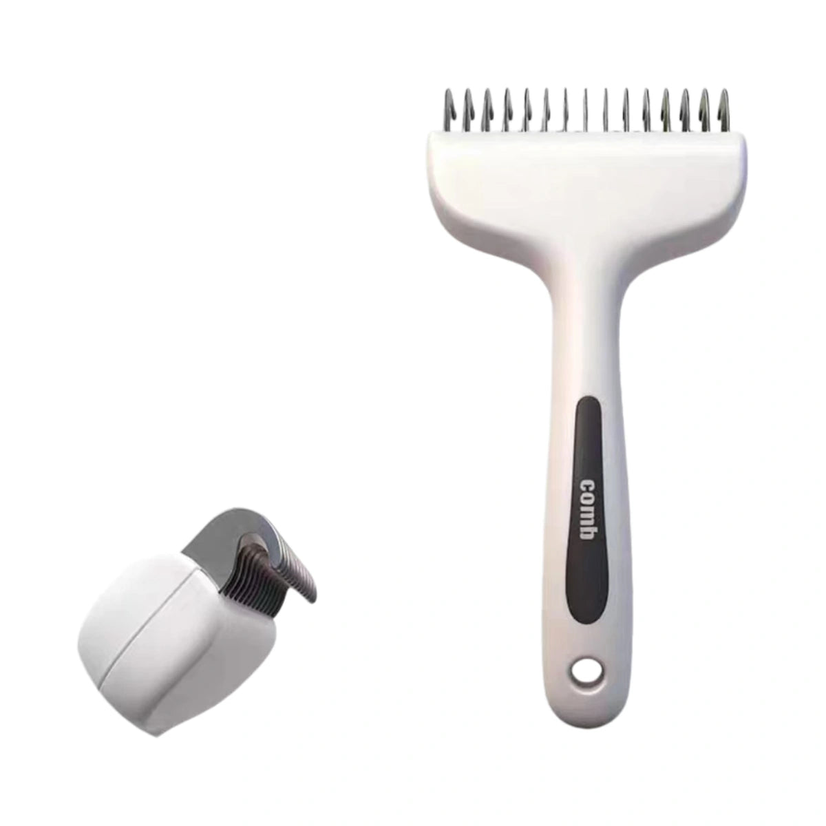 White pet detangling rake comb with curved tooth detail