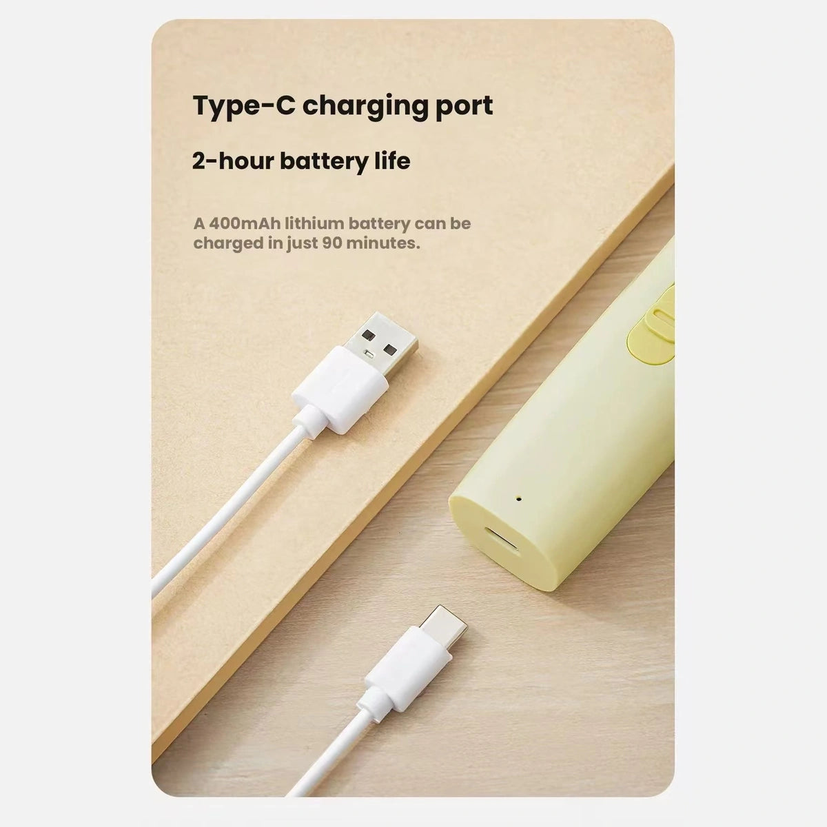 USB-C charging port and cable on the Mango clipper