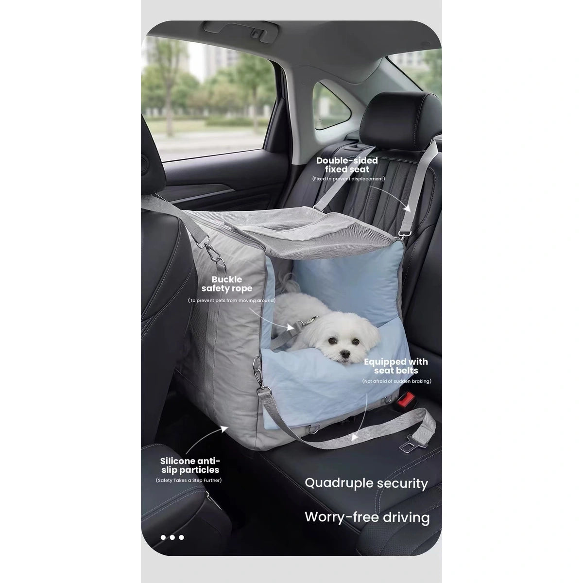 Small dog resting in the POPOCOLA car bed in a vehicle