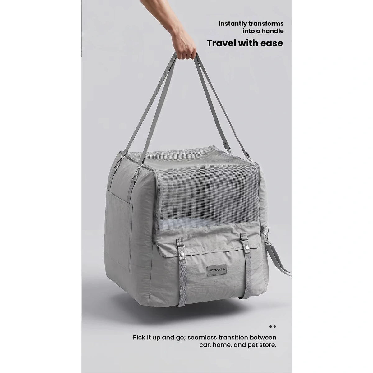 POPOCOLA grey car bed with long carry strap