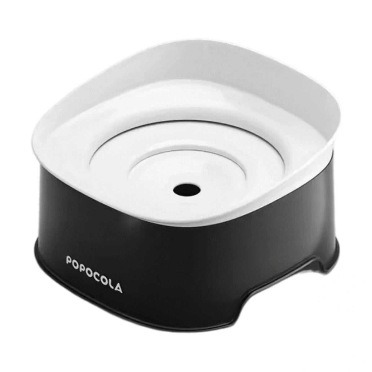 Black POPOCOLA dog water bowl with white floating platform