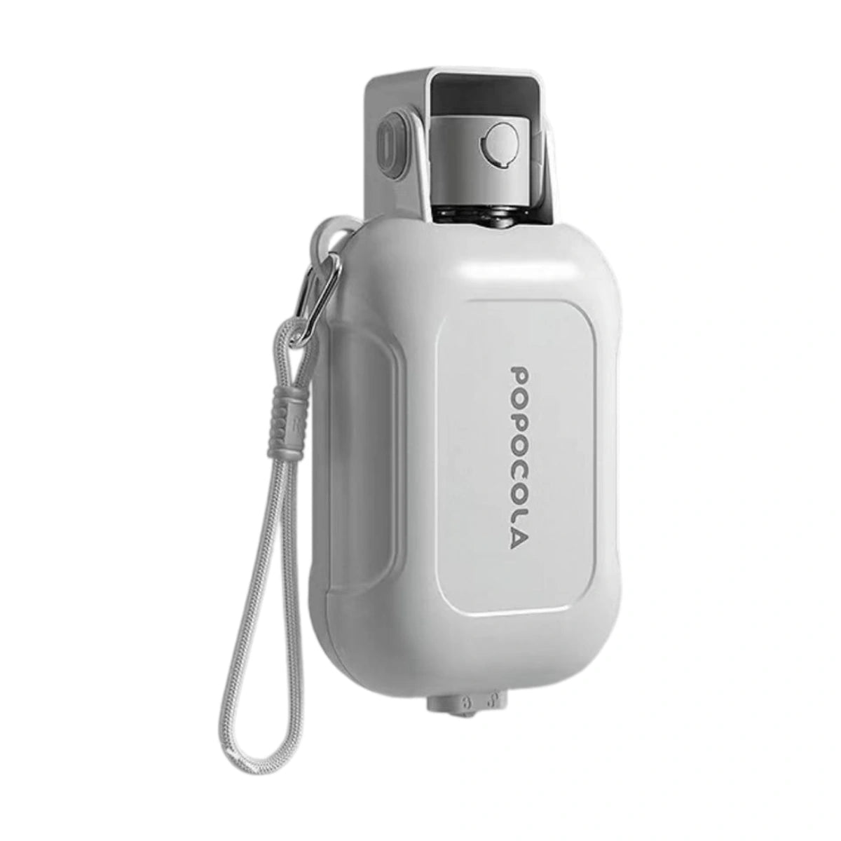 Closed grey POPOCOLA portable dog water bottle with carry strap