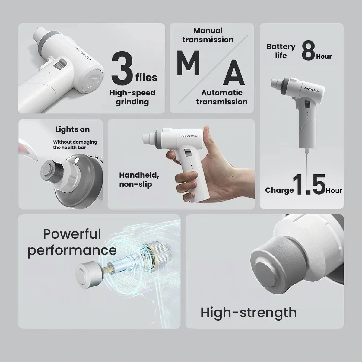 POPOCOLA grinder infographic showing controls and charging