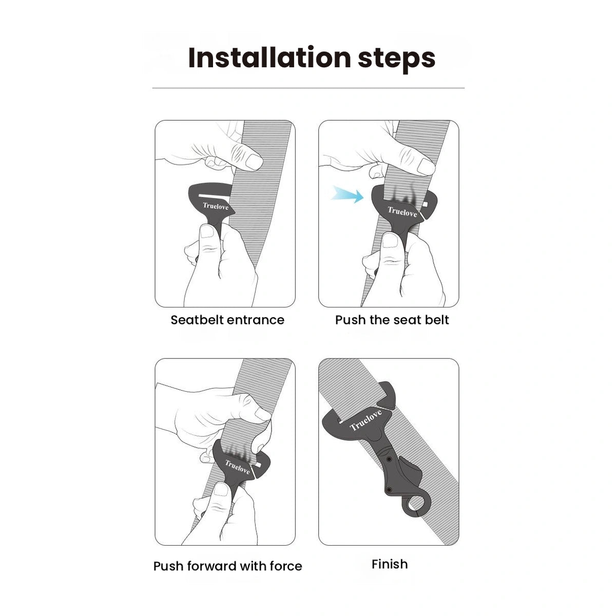 Illustrated steps for threading a vehicle belt through the clip