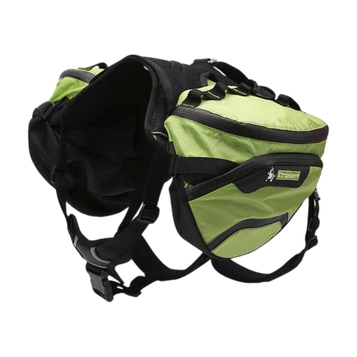 Green Truelove saddlebag backpack worn by a dog