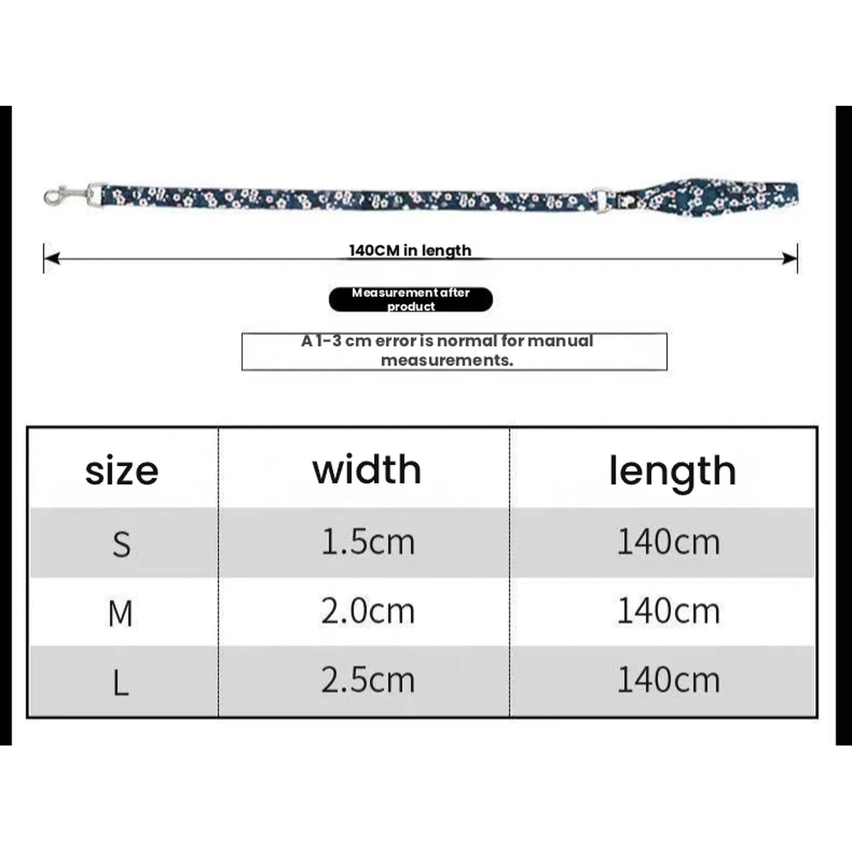 Truelove multi-handle dog leash width and length chart