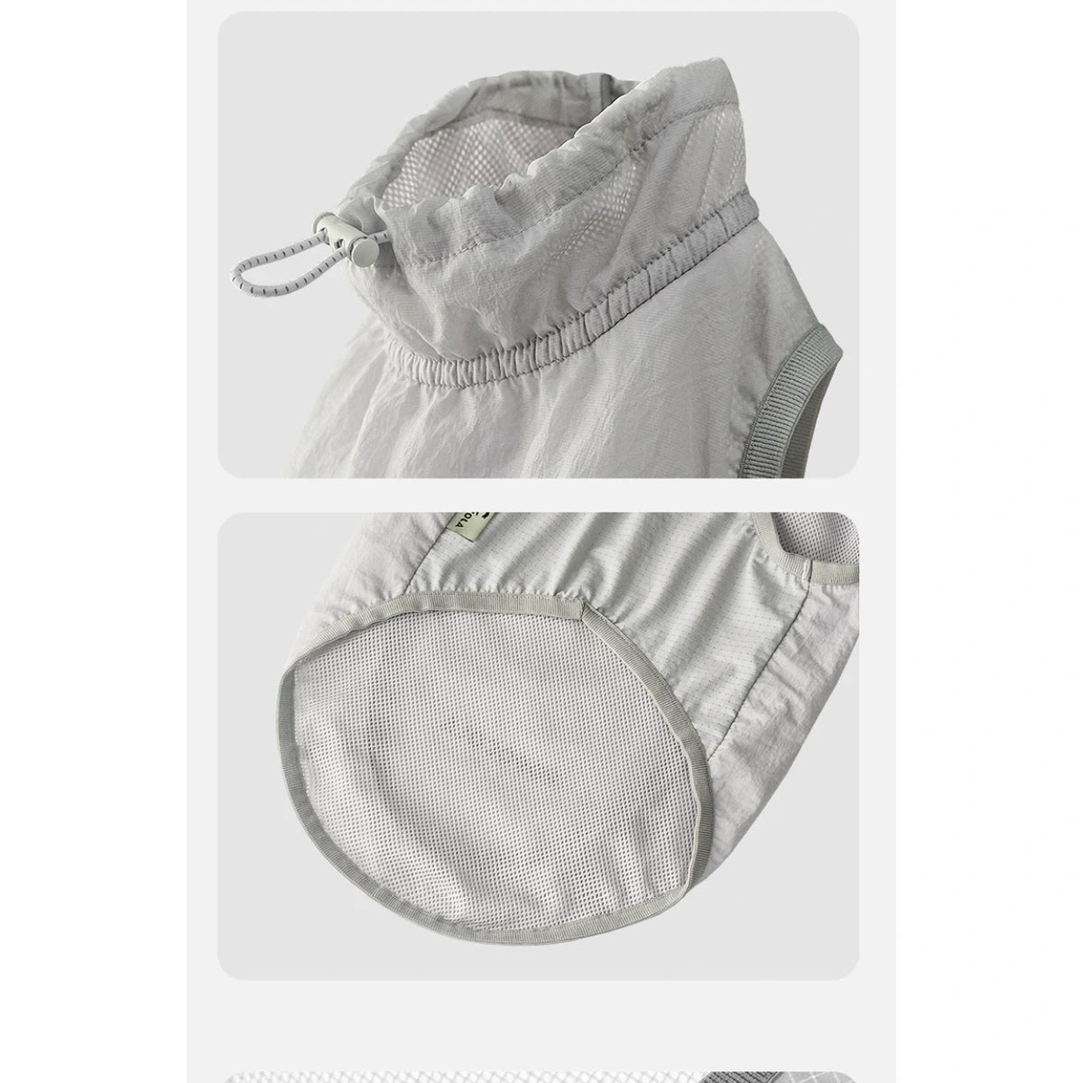 Close-up of grey dog vest neckline and leg opening