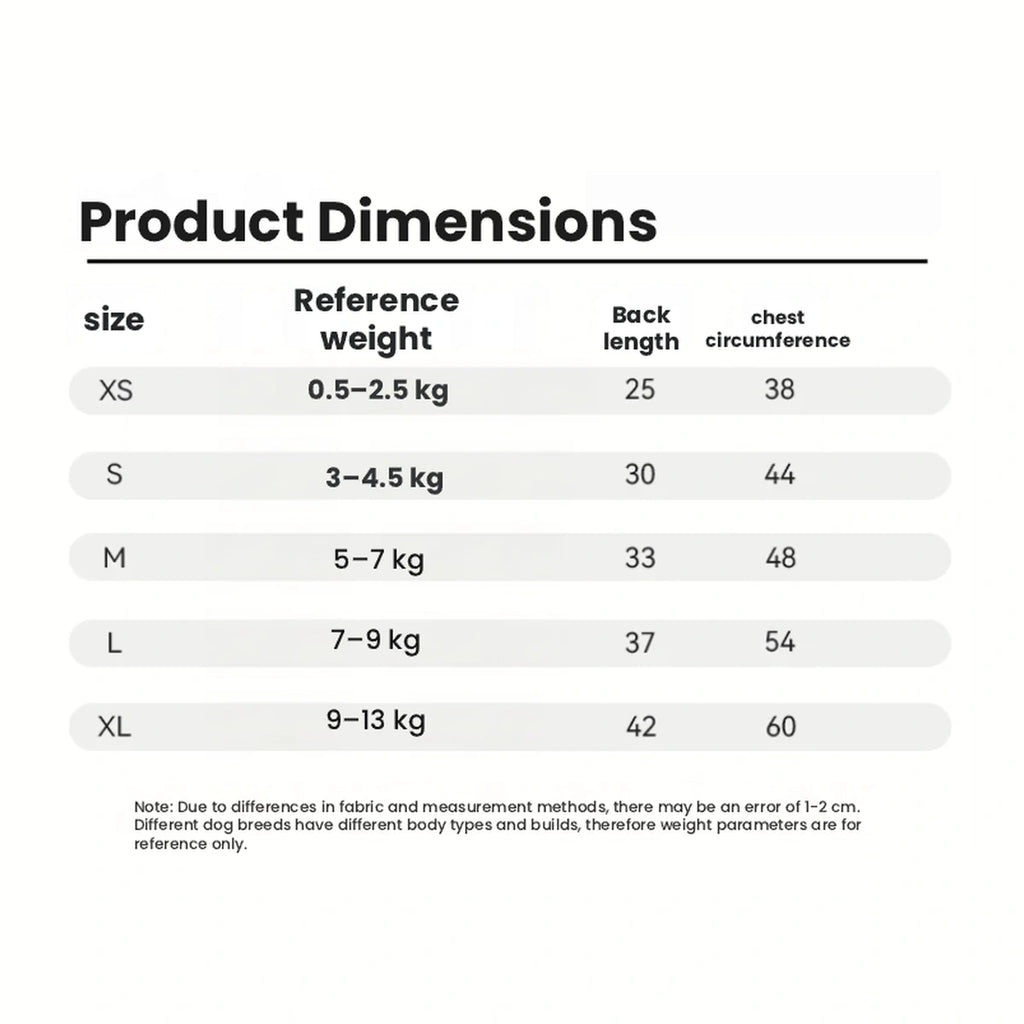 Dog vest size and measurement chart