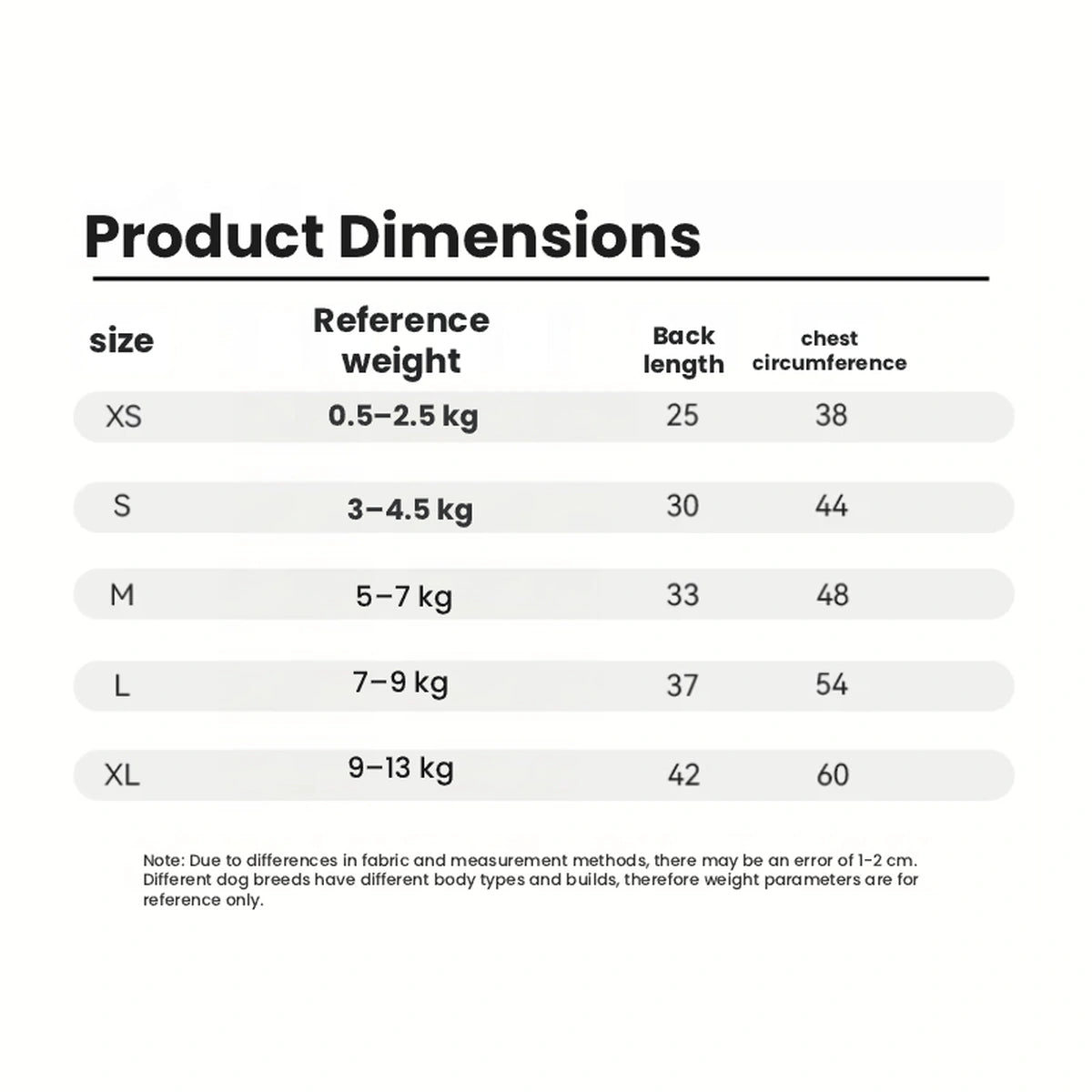 Dog vest size and measurement chart