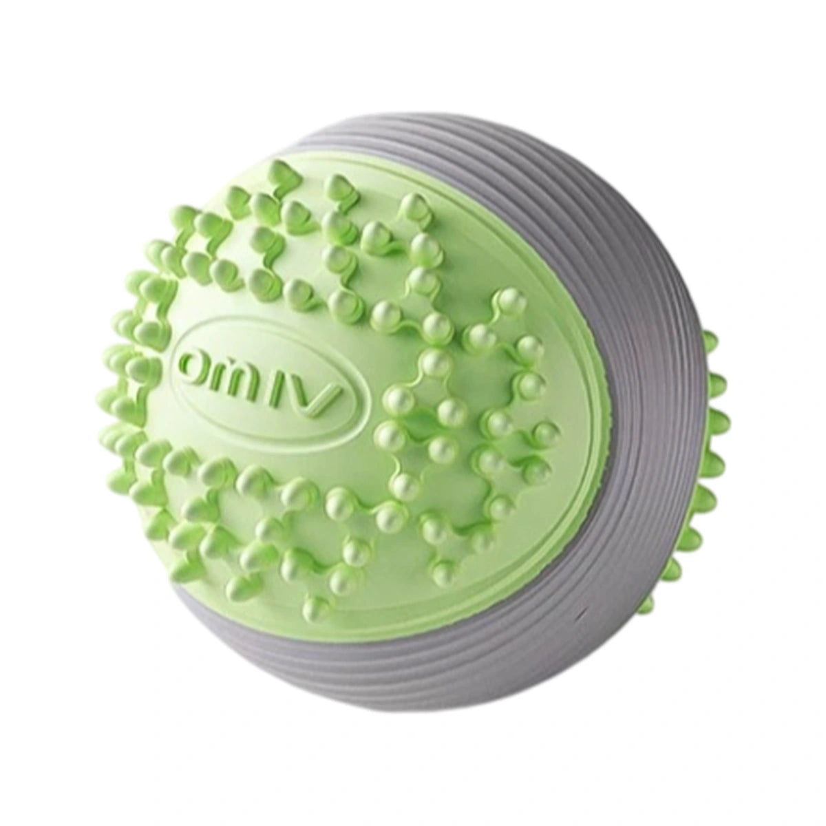Angled view of green and grey textured dog ball