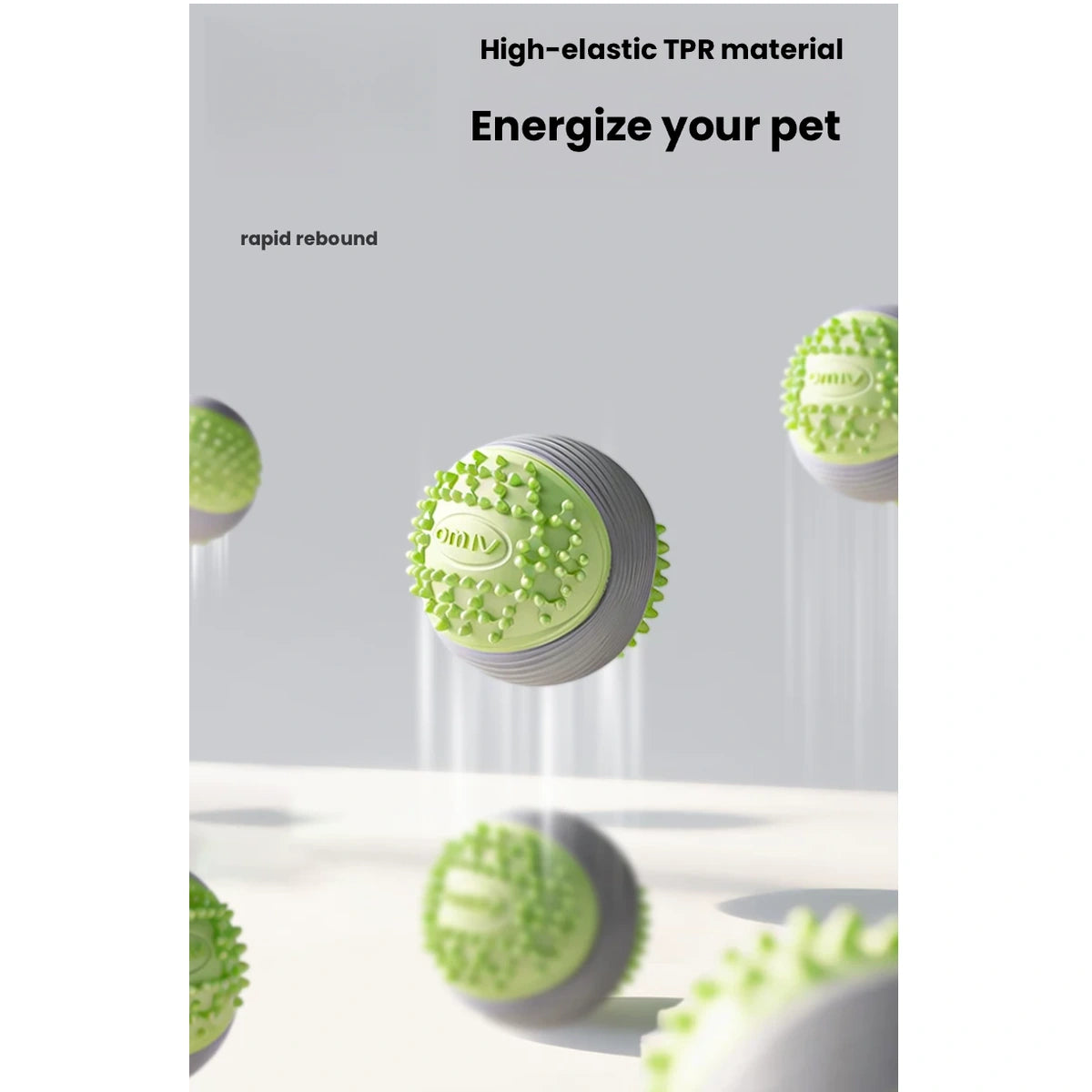 Green dog ball shown bouncing on a floor
