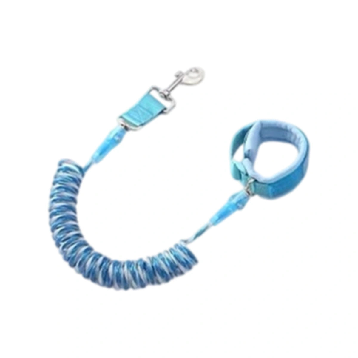 Blue coiled dog lead and wrist cuff laid flat