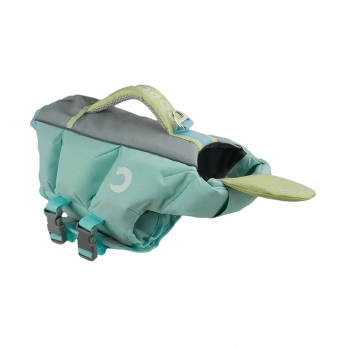 Blue and lime dog swim vest shown flat