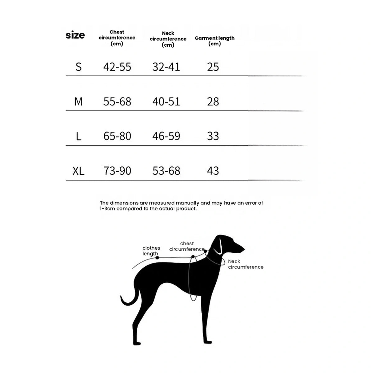 Dog swim vest size and measurement chart