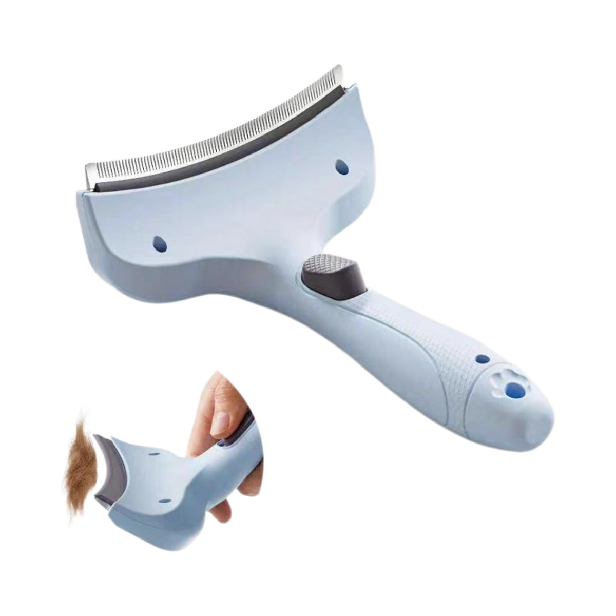 Blue and white deshedding brush with removable head