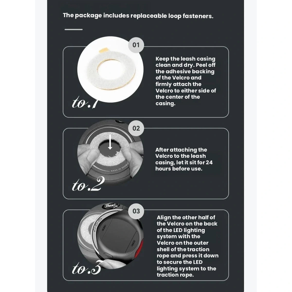 Illustrated steps for attaching flexi LED lights