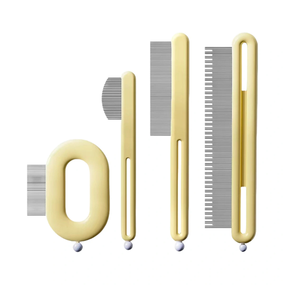 Five fine-tooth pet grooming comb styles in yellow
