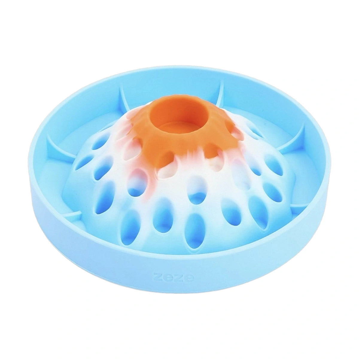 Blue and orange ZEZE volcano slow-feeder bowl