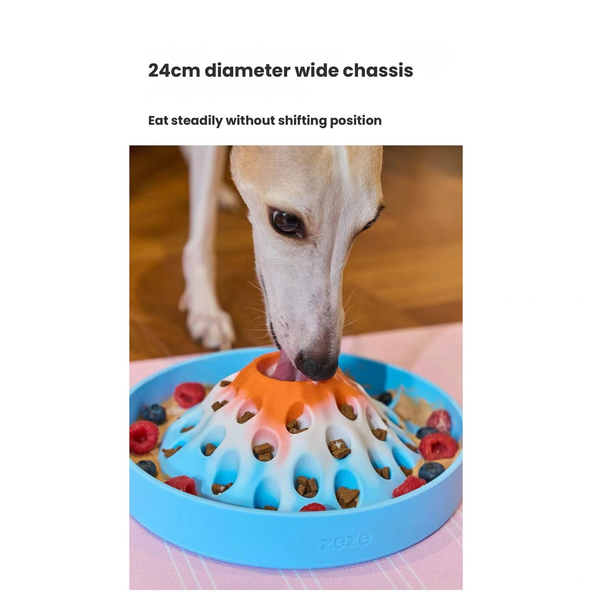 Dog eating from blue volcano slow feeder