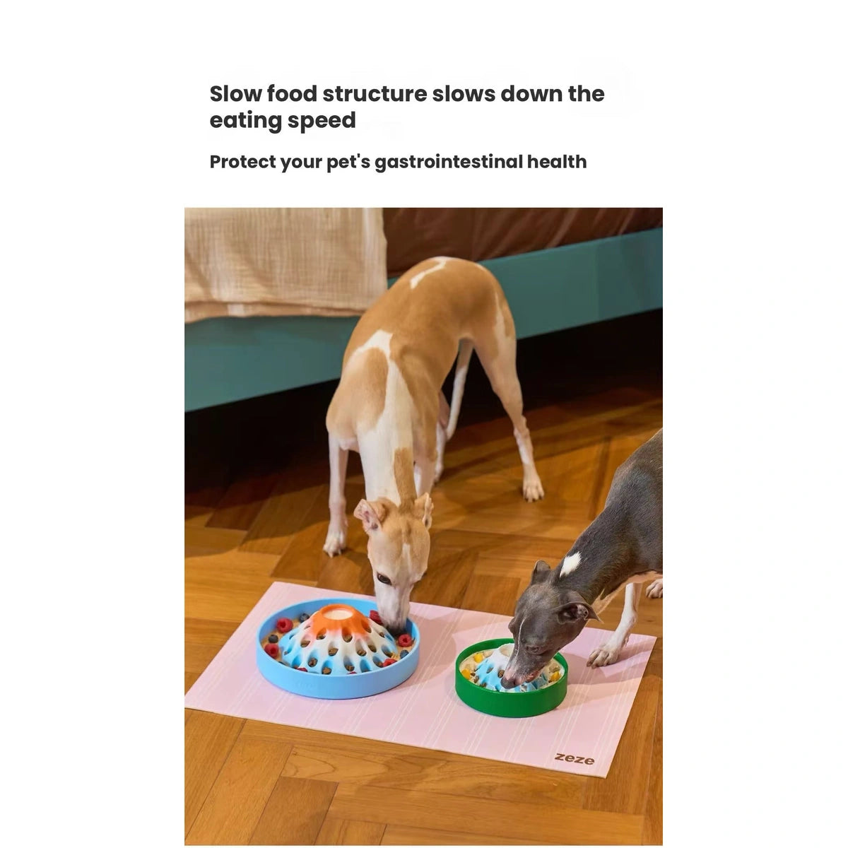 Dogs eating from ZEZE bowls on a mat