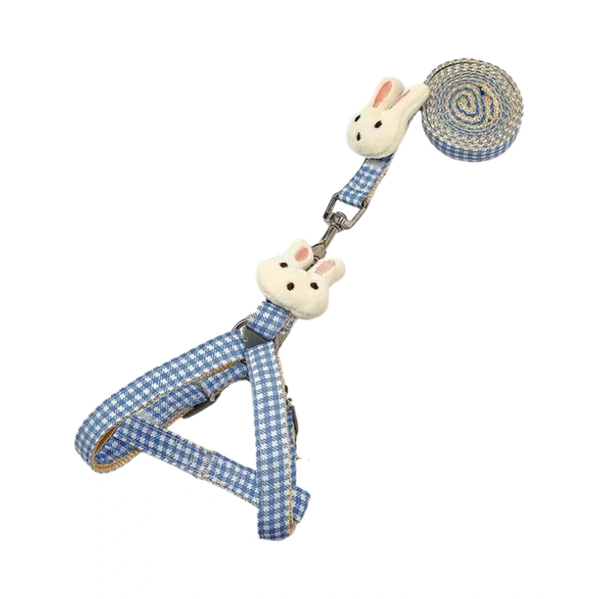 Blue checked pet harness with matching lead