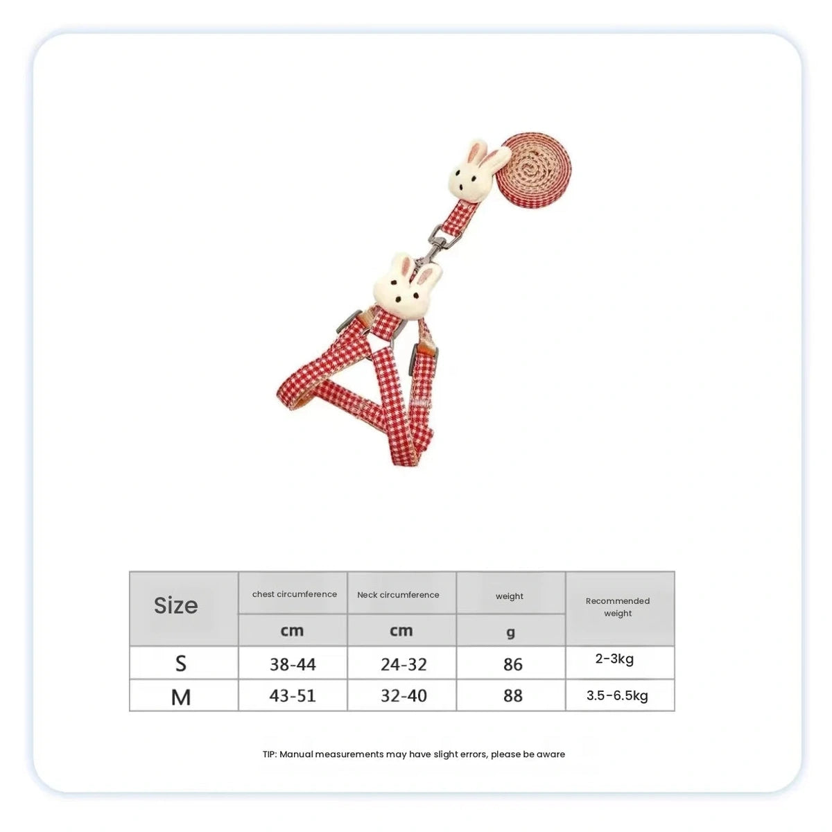 Checked pet harness and leash size chart
