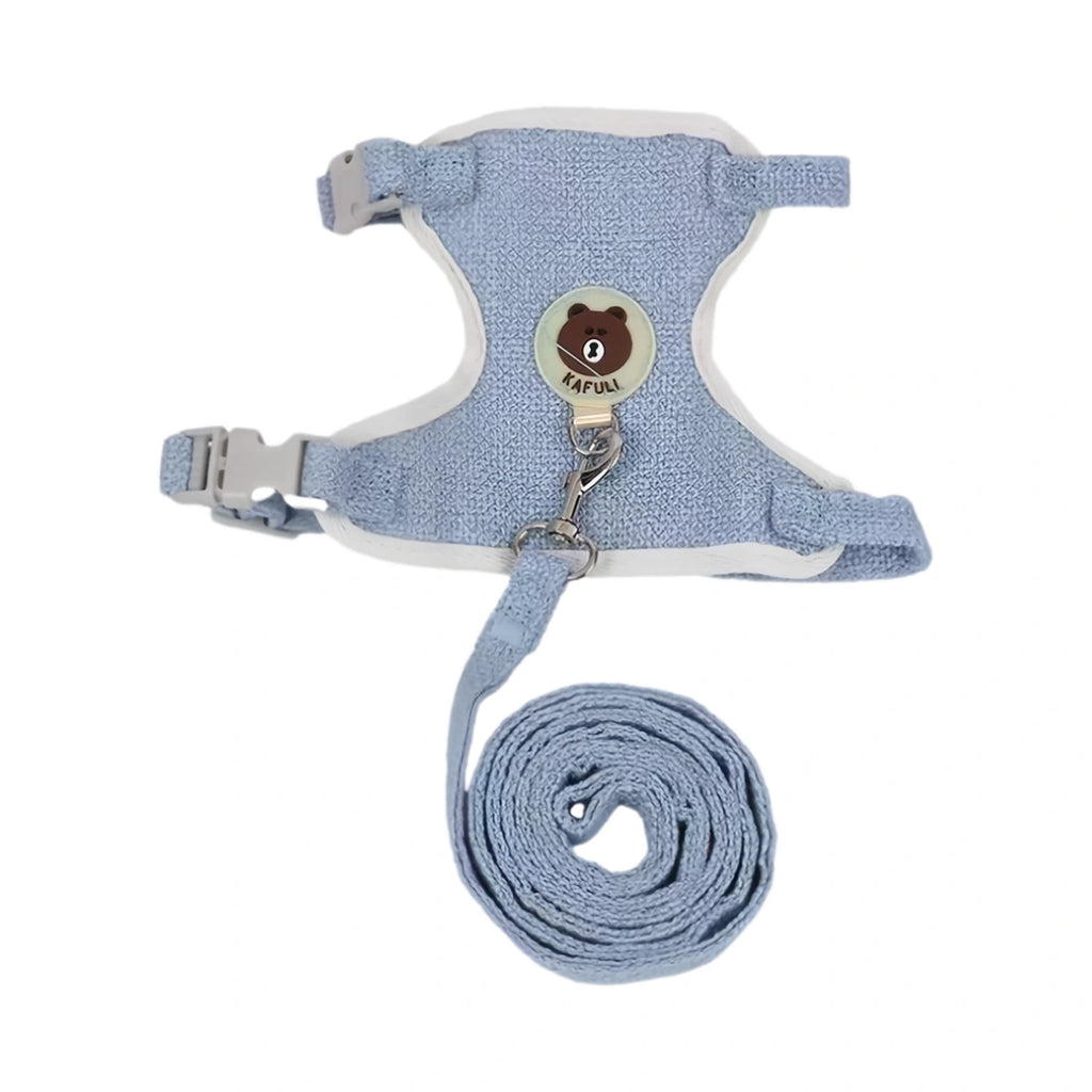 Blue cat vest harness with rolled leash