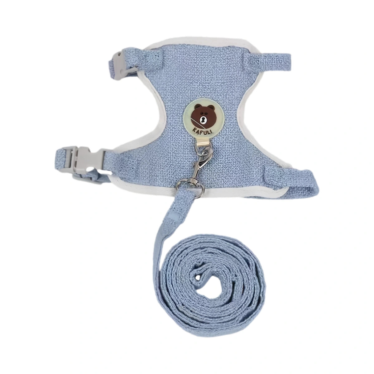 Blue cat vest harness with rolled leash