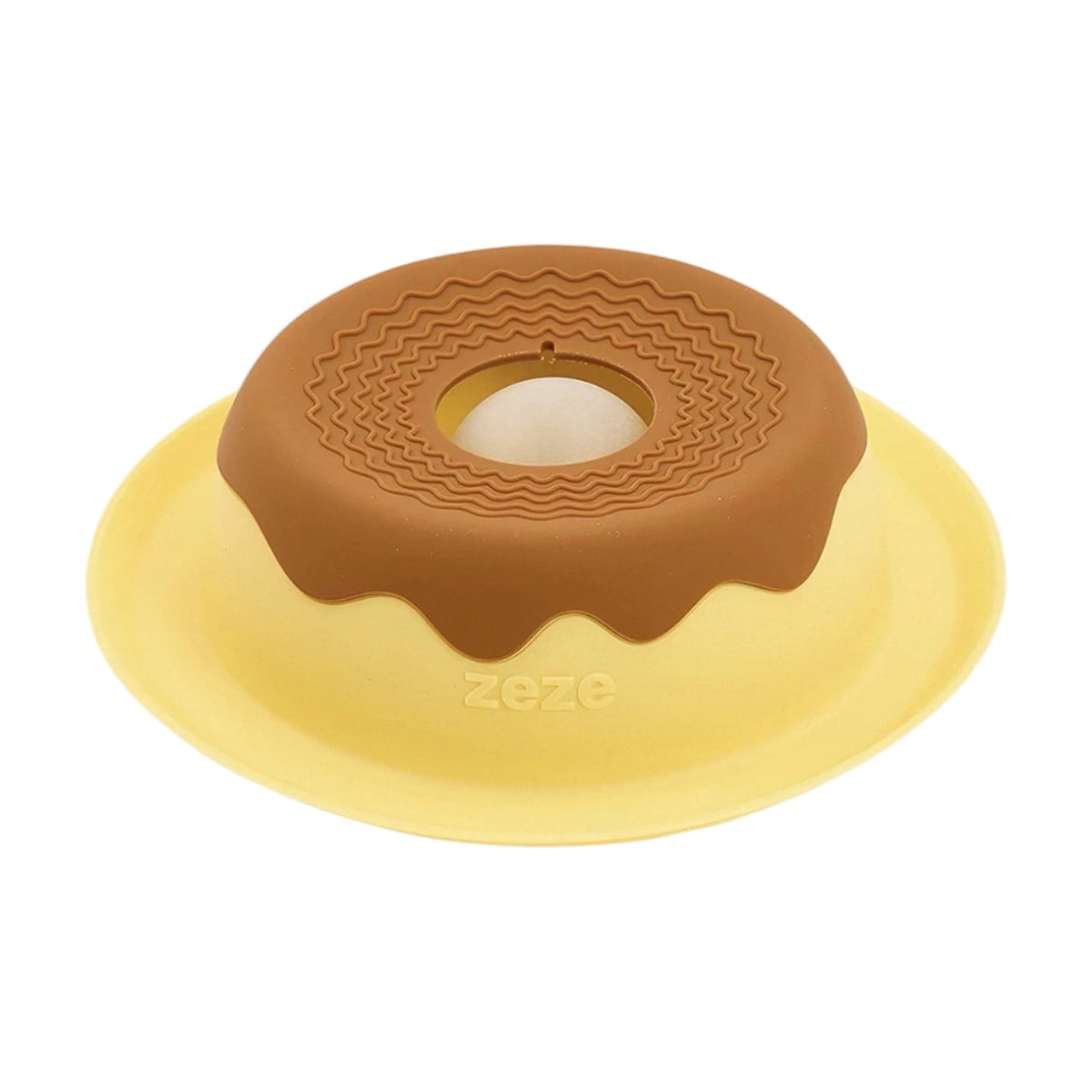 Angled view of yellow silicone lick bowl