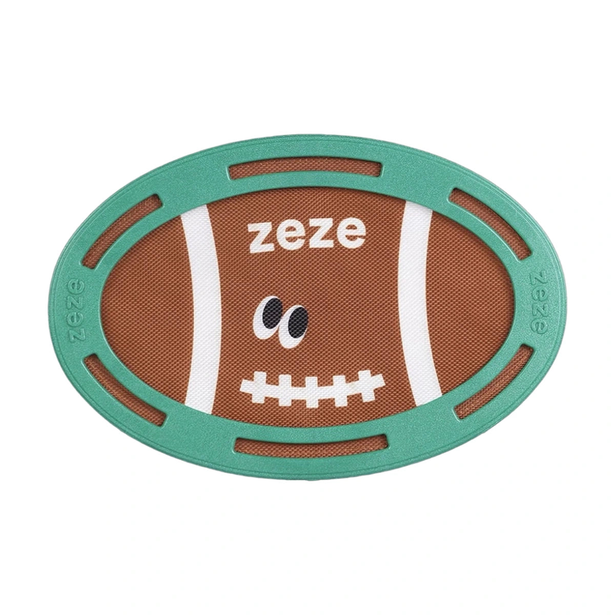 Green and brown ZEZE rugby-style flying disc