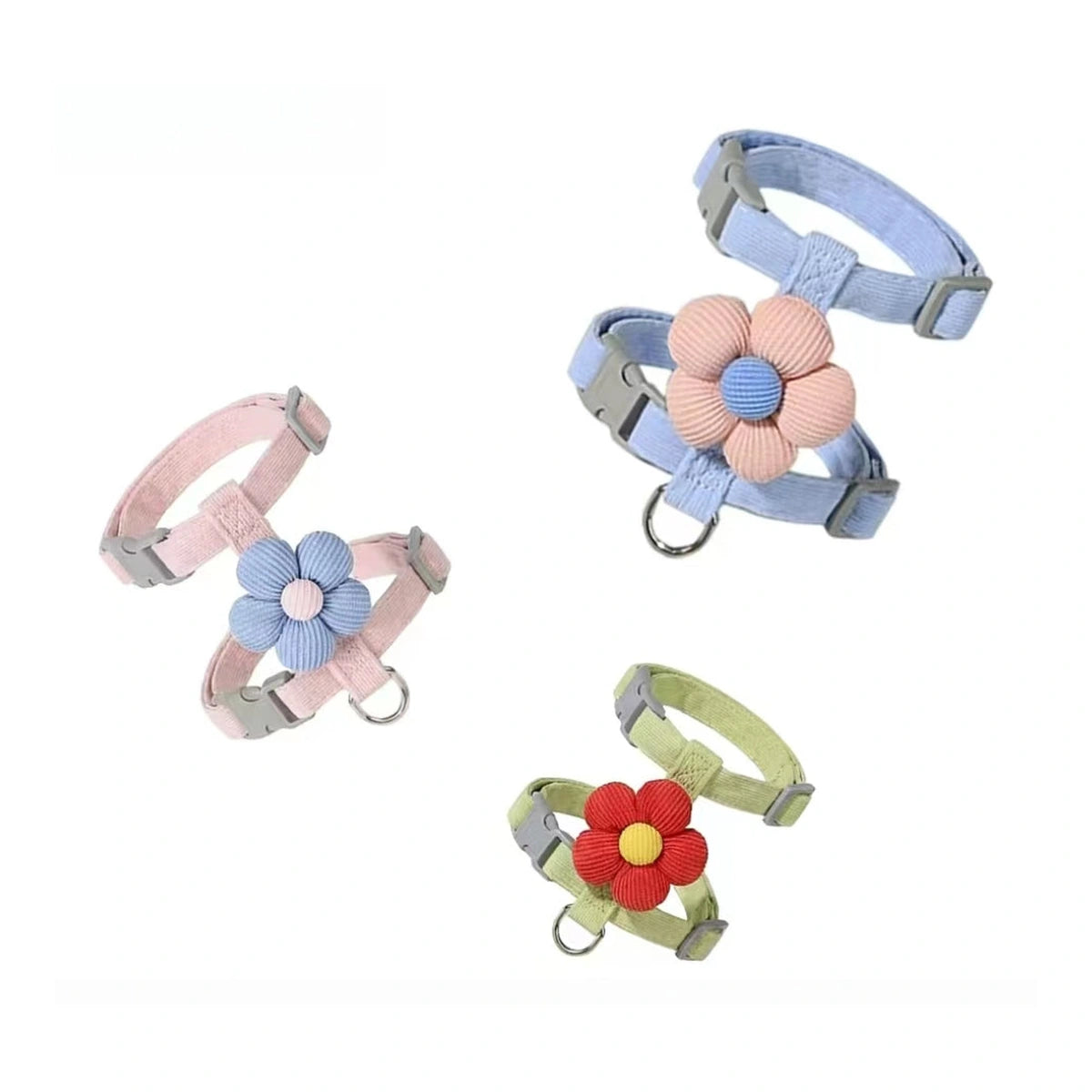 Pink green and blue flower cat harness options