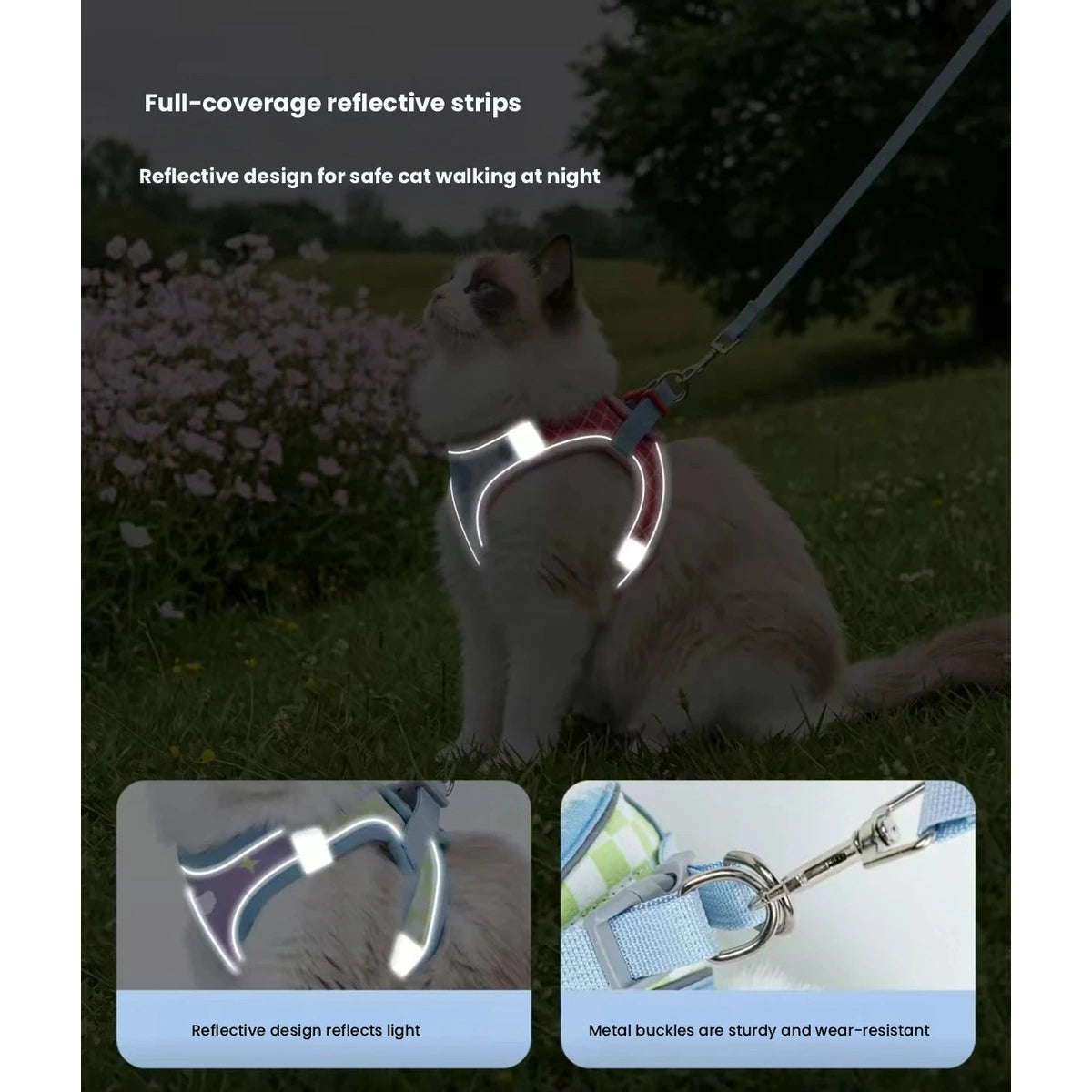 Reflective trim of cat strap harness at night