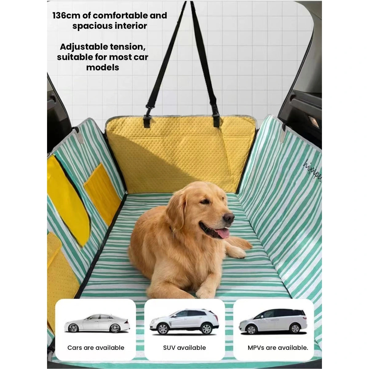 Dog on striped car seat cover showing raised side panels