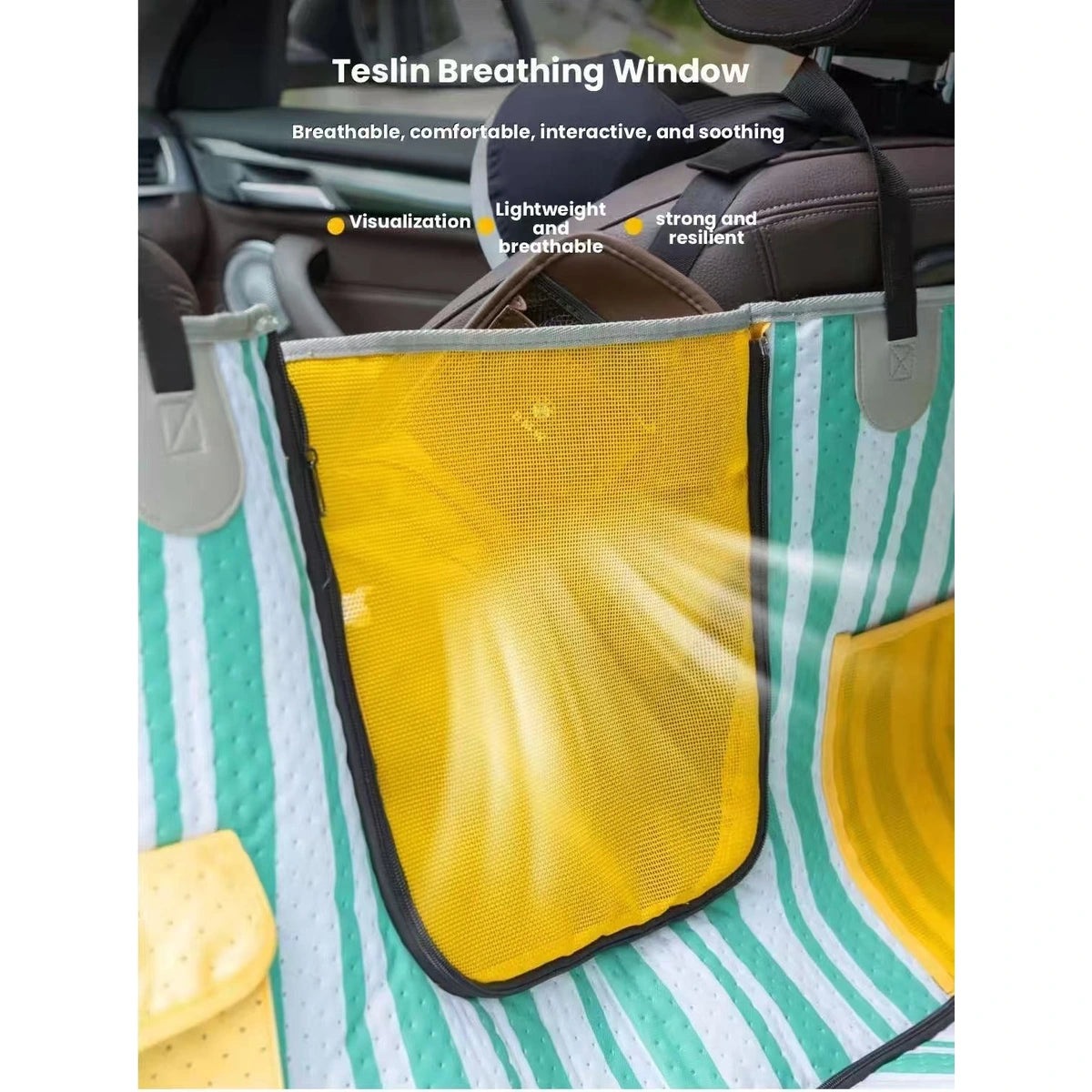 Close view of dog seat cover side pocket and yellow lining