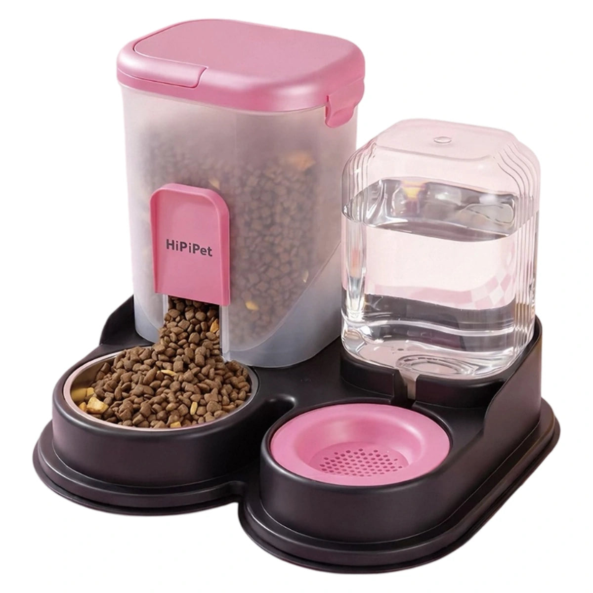 Pink Hipipet gravity food and water dispenser with two bowls
