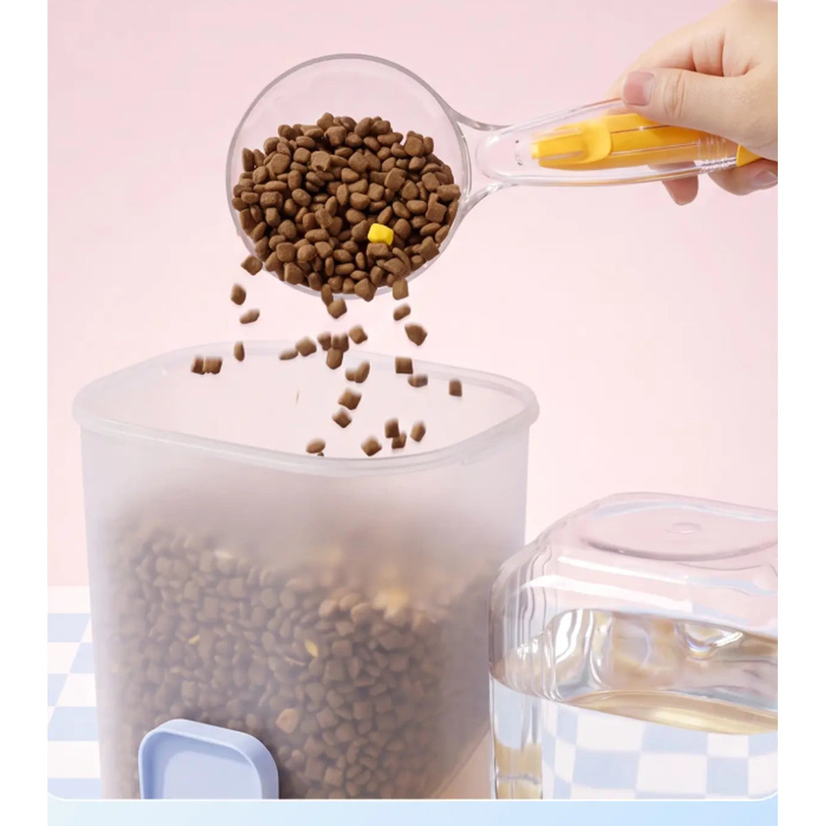 Dry food poured into a gravity feeder hopper
