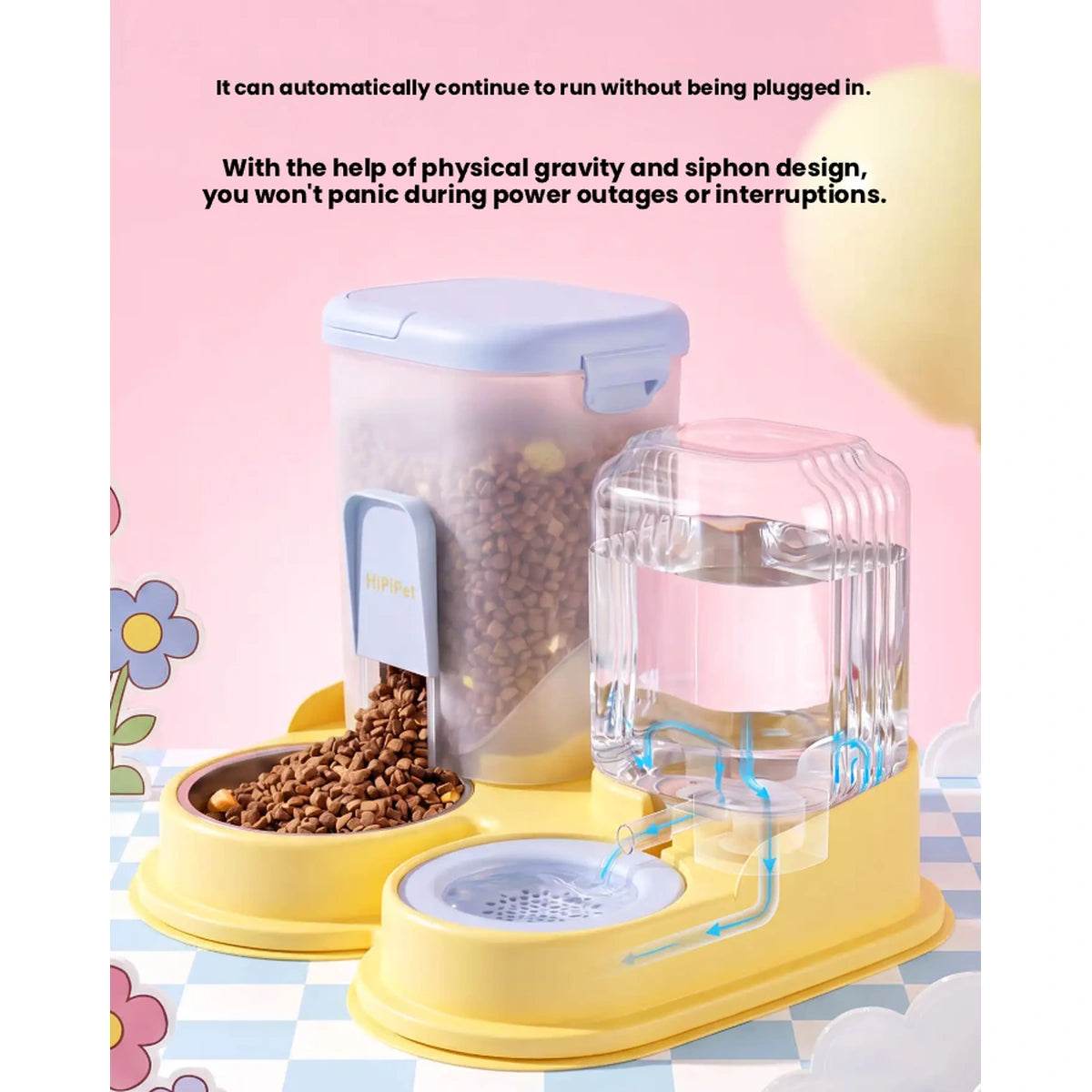 Yellow gravity feeder showing food and water bowls