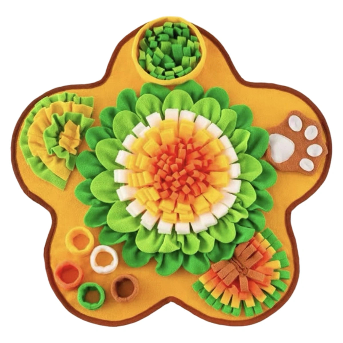 Flower-shaped snuffle mat with orange and green fabric loops